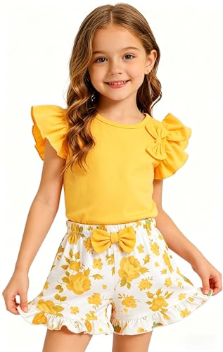 Image of Barlver Girls 2 Piece Short Set Baby Girl Summer Clothes Ruffle Sleeve T-Shirt and Bow Knot Shorts Toddler Girl Outfit Set