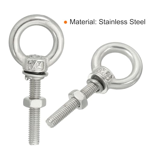 Image of uxcell M4*30 3 /16 inchx1.18 inch Stainless Steel Eye Bolts Threaded Screw Eyebolt Shoulder Ring with Nuts Washers for Lifting Hanging, 2 Set