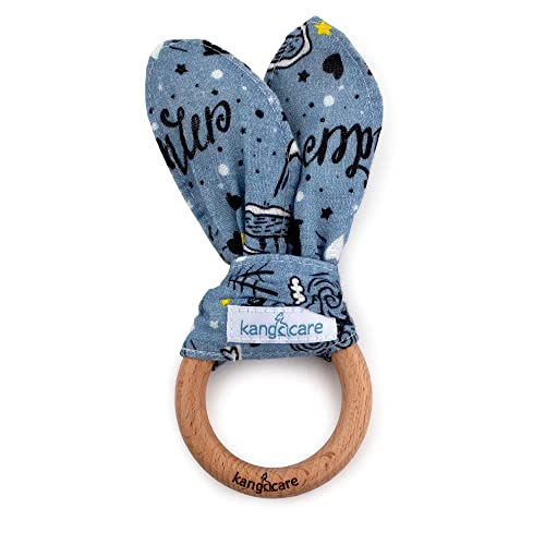 Image of Kanga Care Baby Soft Muslin Sensory Crinkle Bunny Ear Wood Teething Ring - Wander Camping