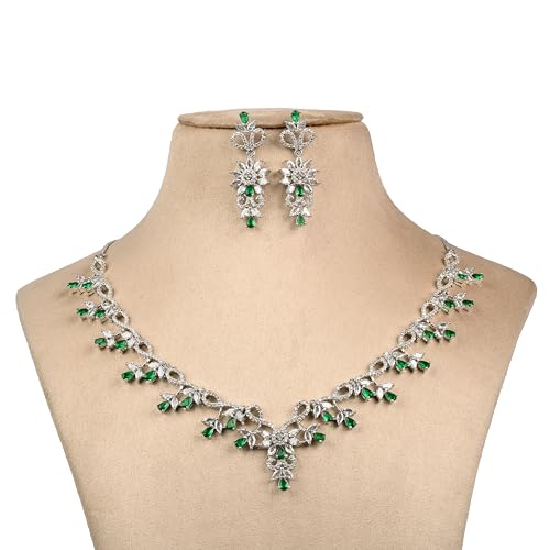 Image of Alloy White Plated American Diamond Necklace Set for Women and Girls with Matching Earrings, S Hook Closure Necklace and Push Plug Earrings for Traditional Outfit
