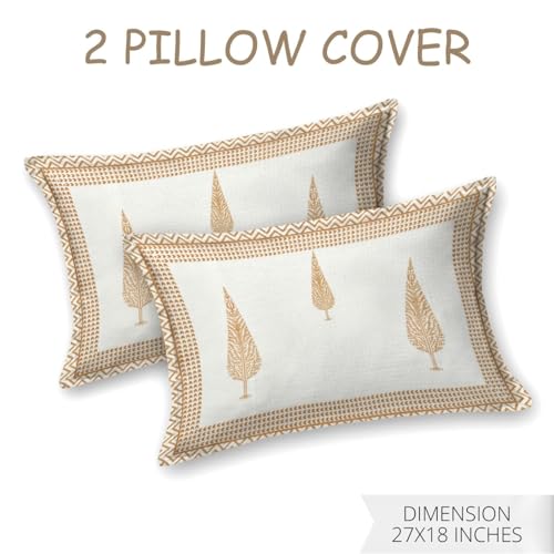 Image of Living Roots Ethnic Jaipur Block Print Double Cotton Bedsheet & 2 Pillow Covers, for Mattress Upto 6 inches Thick, No Colour Bleeding, Golden Yellow Colour, King Size 90 * 108 inches, 120TC (606-A)