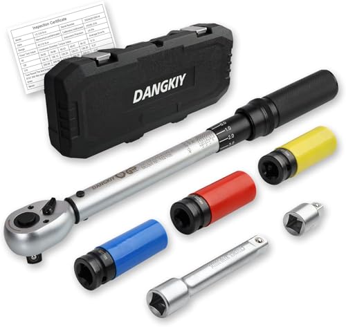 DANGKIY Drehmomentschlüssel Auto 1/2 Zoll, 40–210 N.m, 6-tlg. Torque Wrench mit 125 mm Verlängerung, 1/2'-3/8' Adapter & 3 Stecknüssen – Für Reifenwechsel & Motorrad
