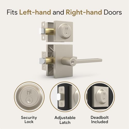 Image of Mega Handles, Glamor Entry Combo, Entry Door Handle and Single Cylinder Deadbolt Lock and Key Combo Pack, Heavy Duty Locking Door Levers for Left or Right-Handed Doors - Satin Nickel