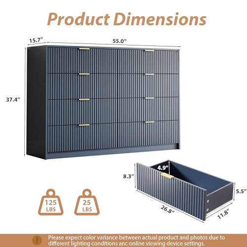 Image of MAISONARIA Navy Dresser for Bedroom, 8 Drawer Double Dresser, Modern Chest of Drawers for Bedroom, Living Room, Entryway and Closet, 55 inch L x 15.7 inch D x 37.4 inch H