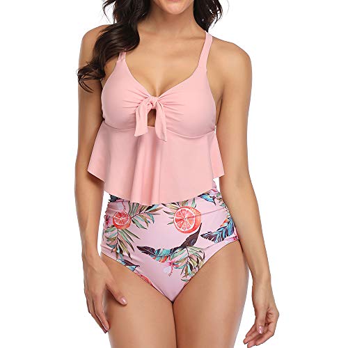 Vertvie Maillot de Bain 2 Pieces Femme Taille Haute Bikini Set à Volants Vintage Maillot de Bain Plage Beachwear Pad Amovible Push Up T-Shirt Débardeur Court Tanga Culotte (XL, Rose 1)