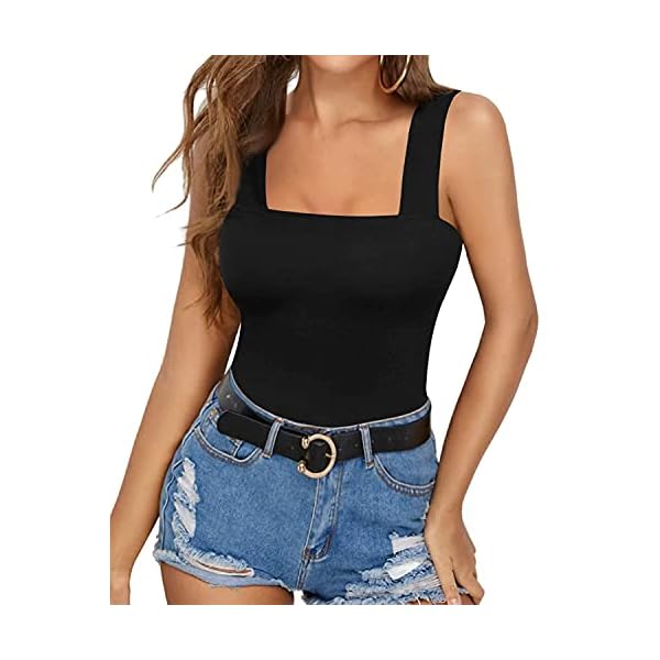 MANGOPOP-Womens-Square-Neck-Sleeveless-Tank-Top-Long-Sleeve-Bodysuits-Jumpsuits MANGOPOP Tank Top Bodysuit for Women Square Neck Sleeveless Body Suit(Medium,Black)