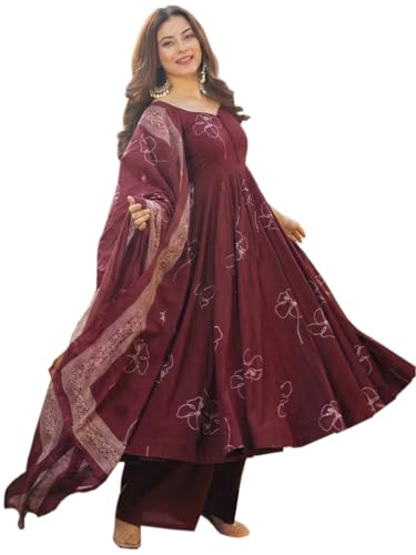Image of ANNI Designer Women's Viscose Blend Umbrella Style Printed Kurta Palazzo with Dupatta | Elegant Kurta Set for Women | Stylish Palazzos & Dupatta Set | Ethnic Wear for Women