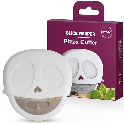 NEW - OTOTO Slice Reaper Pizza Cutter Wheel - Funny Gifts Grim Reaper Halloween Gifts Cute Kitchen Accessories Pizza Slicer with Cover Kitchen Gothic Spooky Gifts Stainless Steel Handheld (Skull)