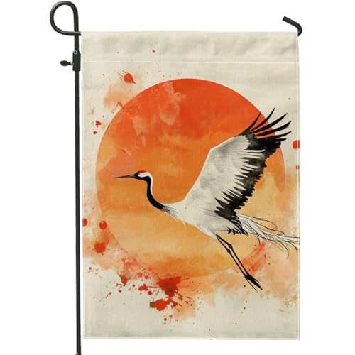 Generic Japanese Crane Garden Flag, Red Circle Bird Art Home Decor Flag, Double Sided Burlap Yard Flag Outdoor Decoration, Asian Style, Holiday Seasonal Decor 12x18 Inch