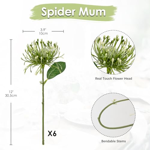 Image of Briful 6PCS Artificial Mums Spring Flowers 4'' Green Spider Chrysanthemum Fake Flowers Bouquet for Home Vase Centerpieces Arrangements Bridal Shower Decoration