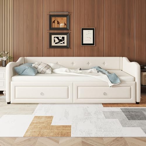 Idemon Cama de día, 90 x 200 cm, sofá cama con dos cajones, cama individual (sin colchón), lino, estilo minimalista (beige)