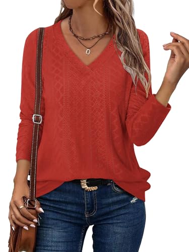 KISSMODA Long Sleeve Fall Shirts For Women V Neck Tunic Tops Embroidered Button Down Knitted Blouses 2025