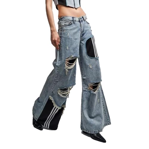 Mandonce Straight Leg Jeans Casual Jeans Spliced Ripped Jeans High Waisted Wide Leg Jeans for Women