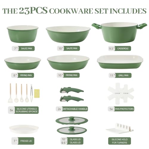 Image of Ceramic Cookware Set Non Stick 23Pcs Pots and Pans Set Non Toxic with Detachable Handle Induction Kitchen Cookware Set Space Saving, Oven & Dishwasher Safe, Green