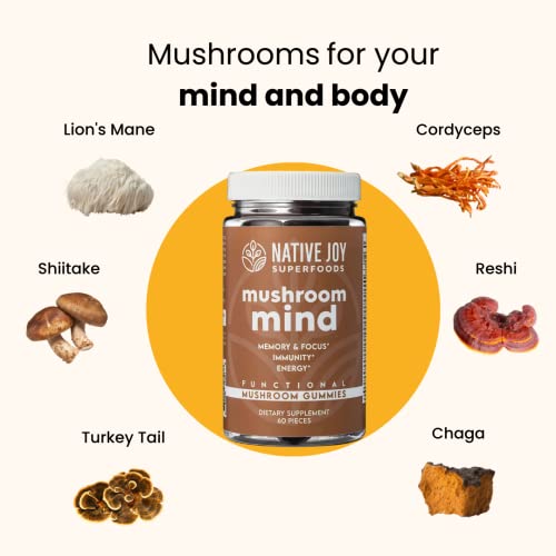 Native Joy® Mushroom Mind - Functional Mushroom Gummy - Lions Mane, Cordyceps and Reishi - Immune System Booster & Nootropic Brain Supplement - Natural Energy, Focus Gummies - Image 5