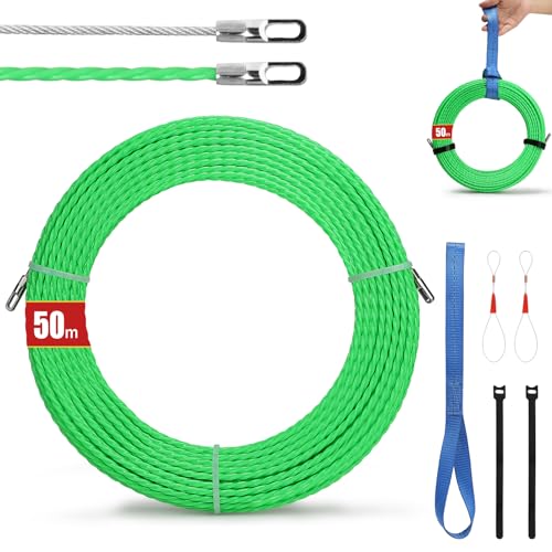 EFUTURETIME Einziehhilfe Kabel Einziehspirale 50M Fiberglas Polyester, Einziehdraht 4.5mm, Kabelverlegung mit 2 Führungsfedern, Kabel Durchziehhilfe mit 3 Verzurrgurte zur Kabelverlegung, Grün