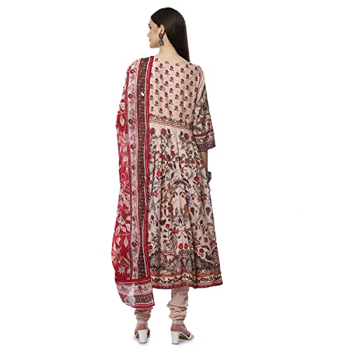 Image of Biba Cotton Women's Printed Fitted Salwar Kurta Dupatta(Skdkalamkar8356 Beige 34)