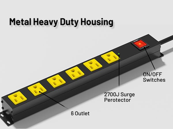 Heavy Duty 6 Outlet Metal Long Power Strip, 2700J Surge Protector with 15A Circuit Breaker, 6FT Extension Cord, Wall Mount for Garage, Workshop & Industrial Use, Wide Spaced (6ft)