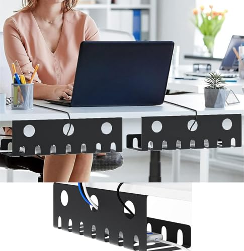 Organizador de cables bajo escritorio para oficina y hogar con clips de montaje y adhesivo de pared (Negro, 16 x 4 x 3 pulgadas, Agujero circular para cables finos) miniatura 1