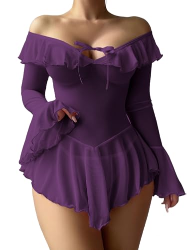 Image of OYOANGLE Women's 2 Piece Off Shoulder Long Sleeve Ruffle Mesh Sheer Nightgowns with Thongs Babydoll Lingerie Set
