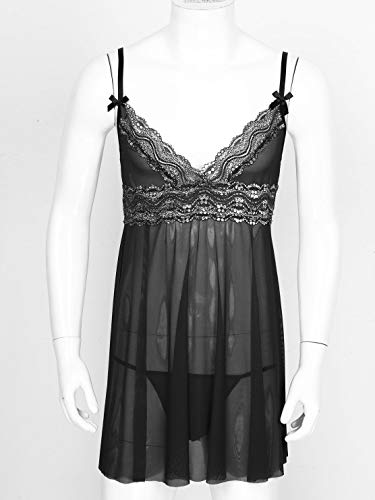 Sholeno Men's Lace Babydoll Sexy V Neck Mesh Sheer Sissy Crossdressing Chemise Nightdress Pajamas4