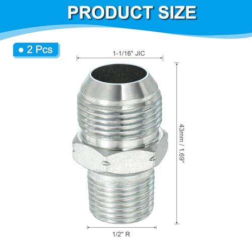 Image of PATIKIL Pipe Adapter Connector 1-1 /16 inch Male 74 Flare JIC x 1 /2 inch Male R Pipe Fitting 2 Pcs Oil Feed Restrictor Fitting Hydraulic Connector for Oil Steam Water Pipelines System