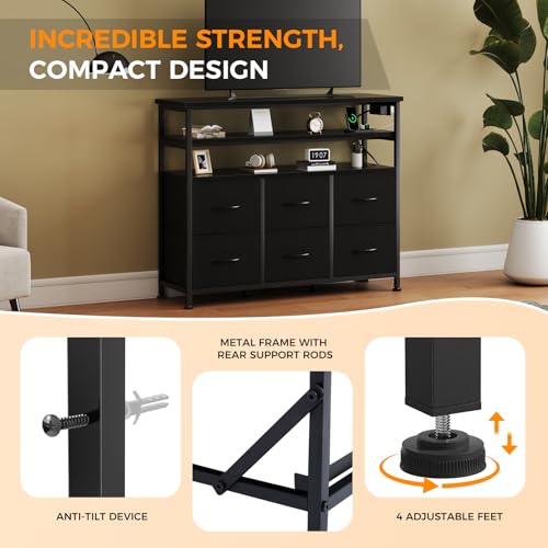 Image of NEWBULIG Dresser TV Stand with 6 Fabric Drawers and 2 Shelves, TV Media Console Table for Up to 45 inch, Entertainment Center with Charging Station for Living Room Bedroom, Black