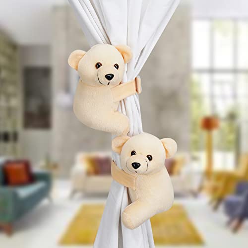 MM TOYS 4 Pcs Teddy Bear Soft Plush Toy Tieback Holdback Holder for Window Curtain Drapes Living Room Home Decoration Accessories for Children Pack of 2 - (5 X 6 Inch, Off White)