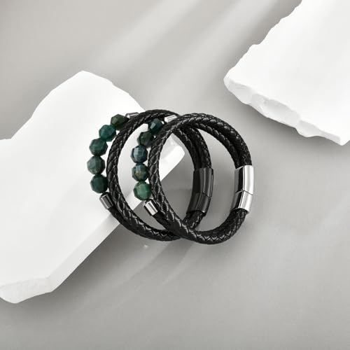 Mens Leather Bracelet Braided Tiger Eye/Moss Agate/Black Onyx Protection Healing Stone Bead Bracelet for Men Stainless Steel Clasp Cuff Bracelets Jewelry3