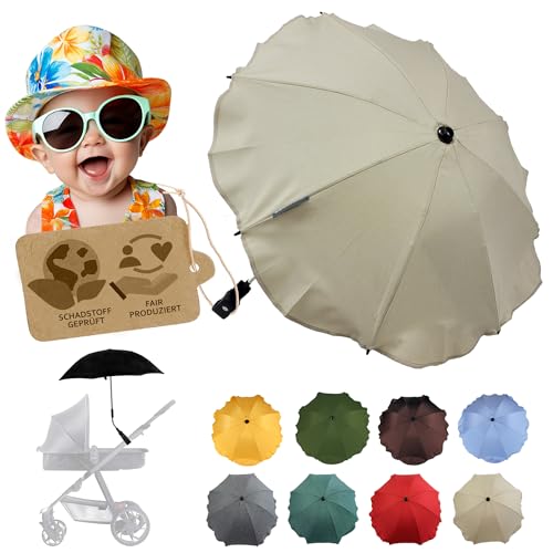 Sonnenschutz universal [Sonnenschirm für Kinderwagen] Buggy UV Schutz 50+ mit Universalhalterung biegsamer Schirm für Rund- und Ovalrohre verstellbar (meliert beige)