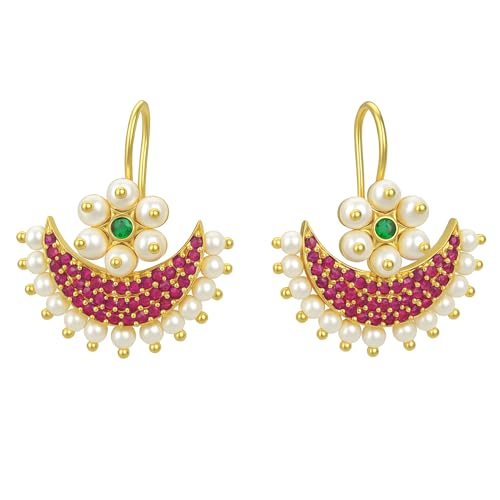 Image of VAMA FASHIONS 18K Gold Plated Bugdi Half Moon Clip On Earrings Ruby Stones Pearl Drops Traditional Maharashtrian Bugadi Upper Ear Jewelry For Women & Girls
