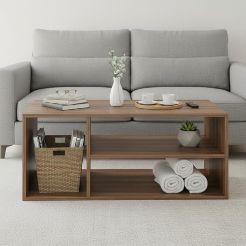 Image of FURNEASER Medina Modern Engineered Wood Coffee Table with Open Storage Shelves | Wooden Center Table for Living Room, Sofa Area & Lounge | Multipurpose Tea Table with Storage (Exotic Teak)