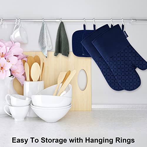Image of KEGOUU Oven Mitts and Pot Holders 6pcs Set, Kitchen Oven Glove High Heat Resistant 500 Degree Extra Long Oven Mitts and Potholder with Non-Slip Silicone Surface for Cooking(Marine Blue)