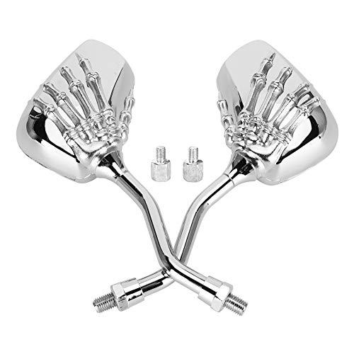 Qiilu Rétroviseurs de Moto, 2 pièces rétroviseurs chromés de Moto 8mm 10mm Filetage Squelette crâne Main Guidon réflecteur