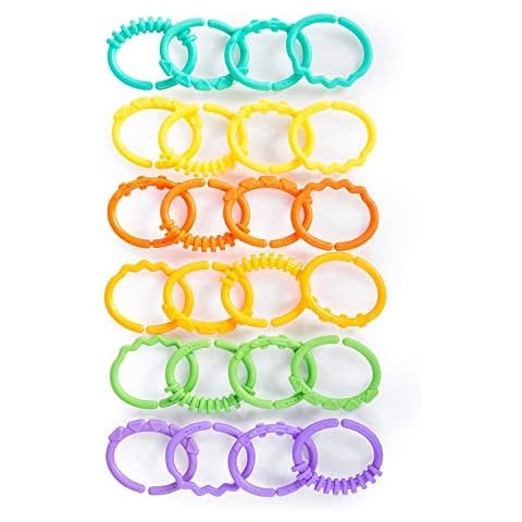 Bright Starts, Lots of Links Rings Toys, Soothing & Teething Toy, Clip on Pram, Pushchair or Car Seat, Textured Sensory Toy, Stroller Take Along Toy, BPA-Free, 24 Pcs, Ages 0 Months + Cover