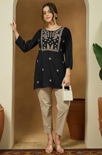 Image of Janasya Women's Rayon Embroidered Straight Short Kurti