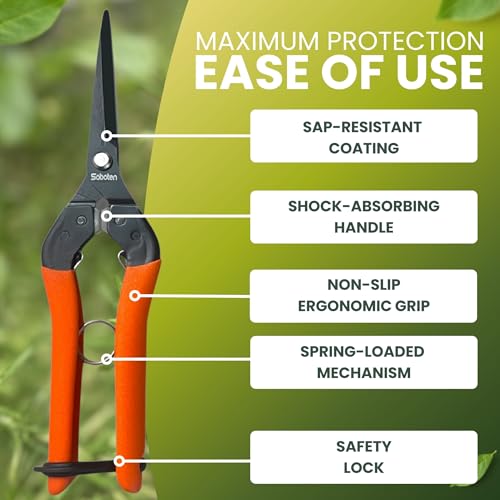 Saboten 7.9" Professional Japanese Harvesting Shears, Straight Precision Blade, Black Fluorine-Coated Stainless Steel, Spring-Loaded, Shock-Absorbing Grip, Safety Lock, Made in Japan by forest Originals - Image 4