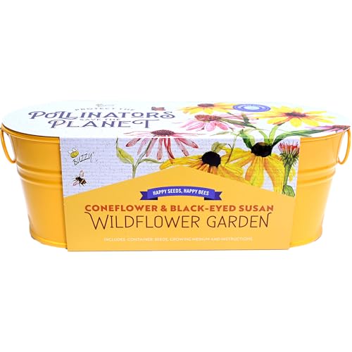 Buzzy Seeds Wildflower Garden Grow Kit - Metal Windowsill Planter - Complete Indoor/Outdoor Gardening Kit with Seeds Coconut Husk Growing Medium & Genuine Pots - 100% Grow Guarantee