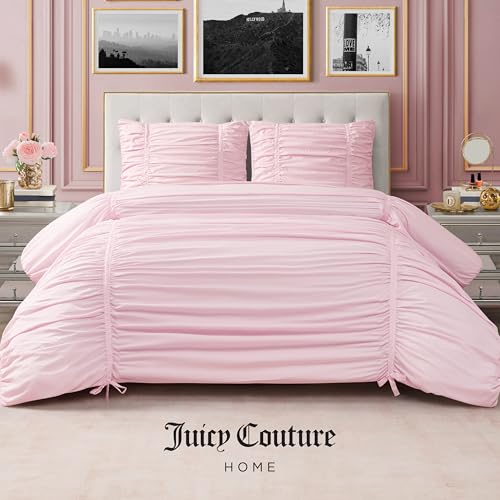 Image of Juicy Couture Ribbon Ruched 3 Piece King Comforter Set, Pink Marshmellow Bedding Ensemble