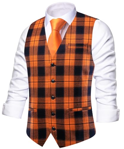 Hi-Tie Mens Plaid Solid V-Neck Suit Vest Slim Fit Waistcoat 3 Pockets Formal Casual Tuxedo for Wedding or Business