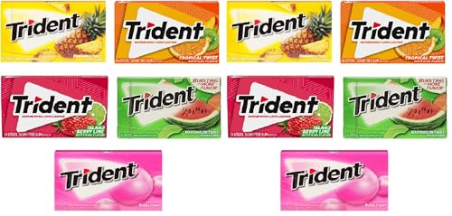 Image of Trident Sugar Free Chewing Gum Pineapple Flavor, Tropical Twist, Island Berry Lime, Watermelon, Bubblegum Flavor 14 Sticks, 26.6 g | Pack Of 10 | Imported Chewing Gum
