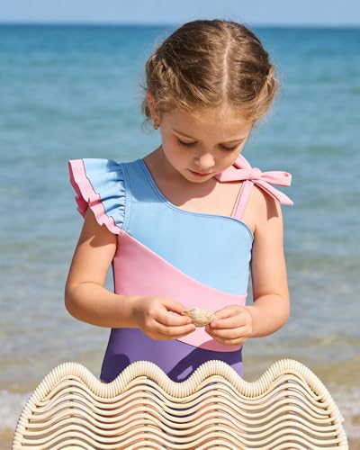 Image of Redair Toddler Girl One Piece Swimsuit Color Block with Ruffled Sleeve Straps Swimwear Bathing Suit for Baby Girl 12M-6Years