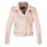 Onsoyours PU-Leder Reißverschluss Niet Umlegekragen Langarm Lederjacke Bikerjacke Mode Mantel Damen Rosa L