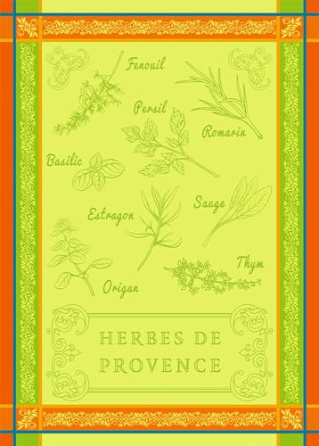 Autrefois Torchon Imprimé Jacquard Vert 48x70 cm, Motif Herbes de Provence, Herbier Vert