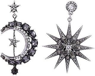 HMOOY Bohemian Moon Star Asymmetrical Dangle Hoop Earrings Crystal Moon and Sun Drop Stud Long Earrings Retro Exquisite Punk Style Accessories Jewelry for Women Girls