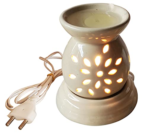 Image of Indian Fragrance Ceramic Electric Aroma Diffuser Lamp| Oil Burner Night Lamp for Home, Bedroom & Office | Decorative Fragrance Diffuser with Warm Light (Off White, Rose)