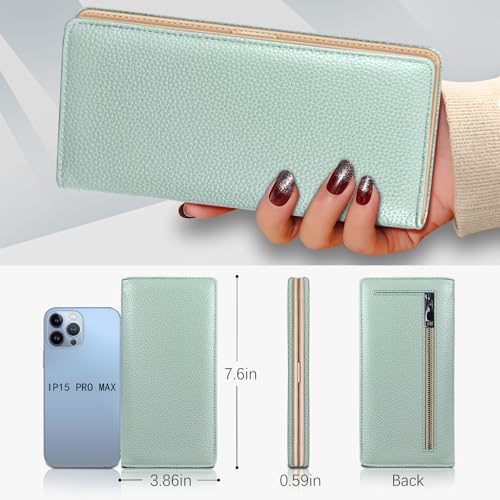 Image of Immaturus Womens Wallet, Sage Green Slim Thin RFID Blocking Card Wallets, Bifold PU Leather Credit Card Holder Organizer, Cute Cash Clutch Long Billfold with Zipper Coin Pocket Ladies Girls Gift