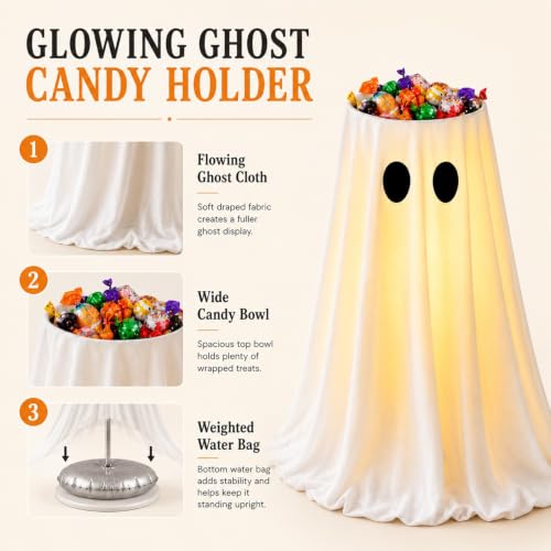 Lighted Halloween Ghost Candy Bowl,Halloween Ghost Decor with Remote - image 4