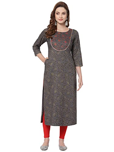 Image of Women Rayon Black Embroidery Printed Straight Kurti