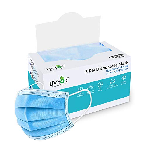 LIVYOR Non-Woven Fabric Disposable 3 Layer Surgical Face Mask With Nose Clip and Soft Ear Loops for Unisex (100, Blue), Without Valve